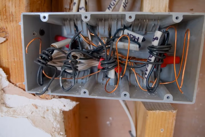 Vue détaillée d'un tableau électrique ouvert, ses fils et câbles emmêlés visibles, dans un chantier en cours.